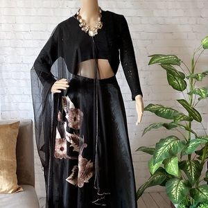 🌹2/$30 Pakistani/Indian Dupatta - Net Applique Full Length Stole - Black/Brown
